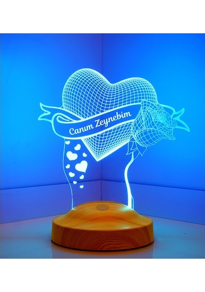 3D Led Lamba 3 Boyutlu Gül Ve Kalp Kişiye Özel Hediye Gecelambası