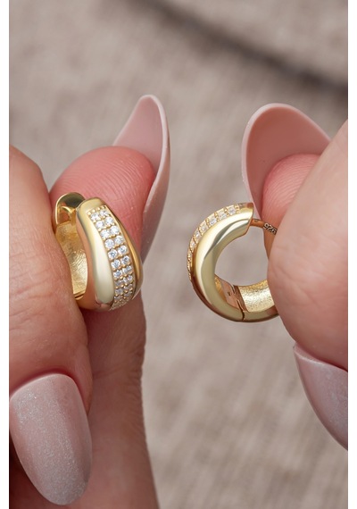 Nereze 925 Ayar Gümüş Gold Kaplama Zirkon Taşlı Tombul Halka Küpe