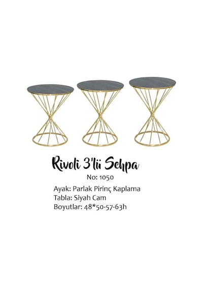 Zigon Sehpa BRC RİVOLİ Model 3'lü 1050 Siyah Cam tabla Gold Parlak Pirinç Ayak El Yapım
