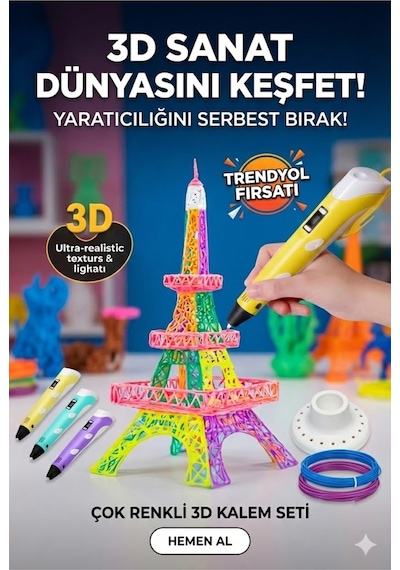 Büro Ev Ofis Hobi Atölyesi İçin 3d Üç Boyutlu Dijital Göstergeli Sarı Kalem 3filament Seti
