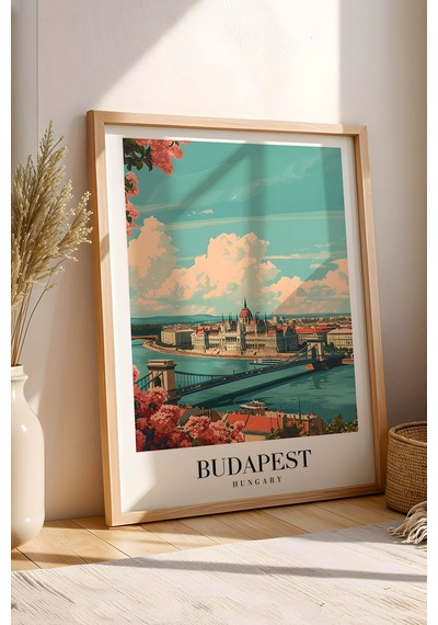 Budapest Hungary Vintage Seyahat Posteri Çerçeveli Tablo - Premium Tuna Nehri Elit Duvar Dekoru Kayın