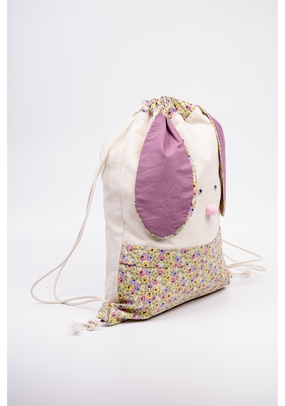 Fabric Craft Bag Çocuk Sırt Çantası Çiçek Desenli Figürlü Bez Model 33x44 Cm Astarlı Krem - Mor