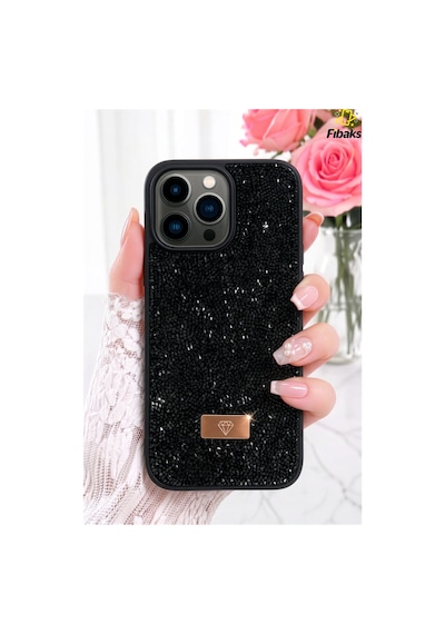 Fibaks iPhone 15 Pro Max Uyumlu Kılıf Içi Kadife Elmas Tasarımlı Siyah Taşlı Işıltılı Pırlanta Silikon Kapak