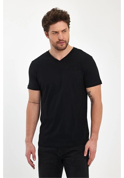 Erkek Compact Penye V Yaka T-shirt Siyah