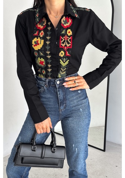 Femelle Kadın Siyah Komple Nakış İşlemeli Vintage Gömlek