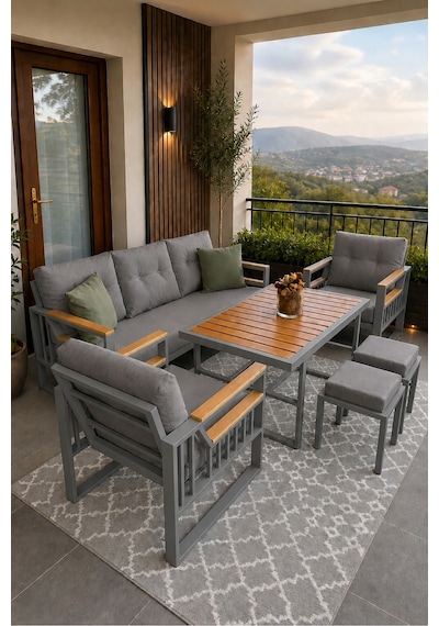 Esinti Serisi Balkon Takımı, 3-1-1 Gri Bahçe Takımı, 3'lü Koltuk 70x180, 2 Tekli Koltuk 70x70, Masa 70x110, 2 Puf Gri Esinti Serisi Balkon Takımı, 3-1-1 Gri Bahçe Takımı, 3'lü Koltuk 70x180, 2 Tekli Koltuk 70x70, Masa 70x110, 2 Puf Gri