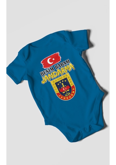 Morivokids Benim Babam Jandarma Kısa Kollu Bebek Body %100 Pamuk Koyu Mavi