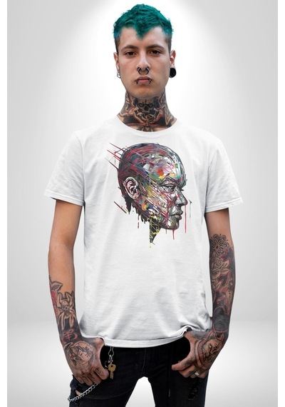 İnsan Kafası Sulu Boya Unisex Unisex Beyaz Organik Baskılı T-shirt Penye Yüksek Kalite Beyaz