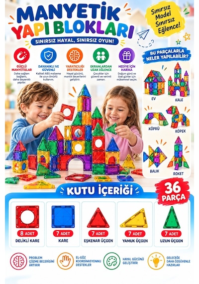 36 Parça Manyetik Blok Seti Çocuk Eğitici Manyetik Yapı Oyuncağı Zeka Geliştirici Yapı Blokları 3 Yaş Ve Üzeri