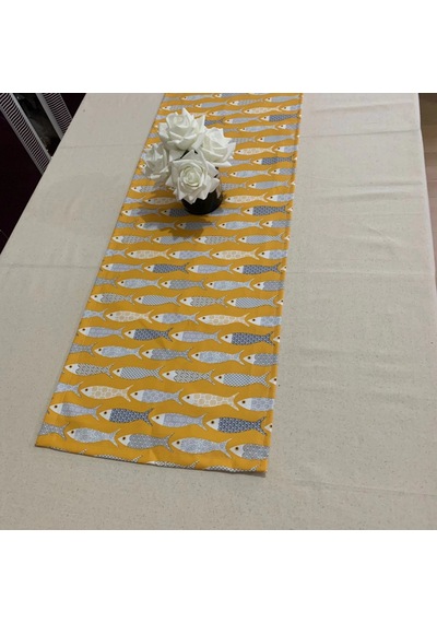 Alaçatı Balık Desenli Runner, Duck Kumaş Runner, Su Ve Leke İtici Dayanıklı, Modern Tasarım 40x145 Sarı