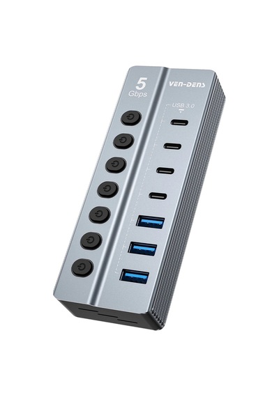 Ven-dens Vd-adp050 7 Portlu Usb Çoklayıcı Hub, 3 Usb-a Ve 4 Usb-c, 5 Gbps Veri Aktarımı, Gri