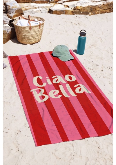 Çizgili Ciao Bella Plaj Havlusu - Modern Akdeniz Pembe Kırmızı Havuz Deniz Hızlı Kuruyan Plaj Örtüsü Çok Renkli