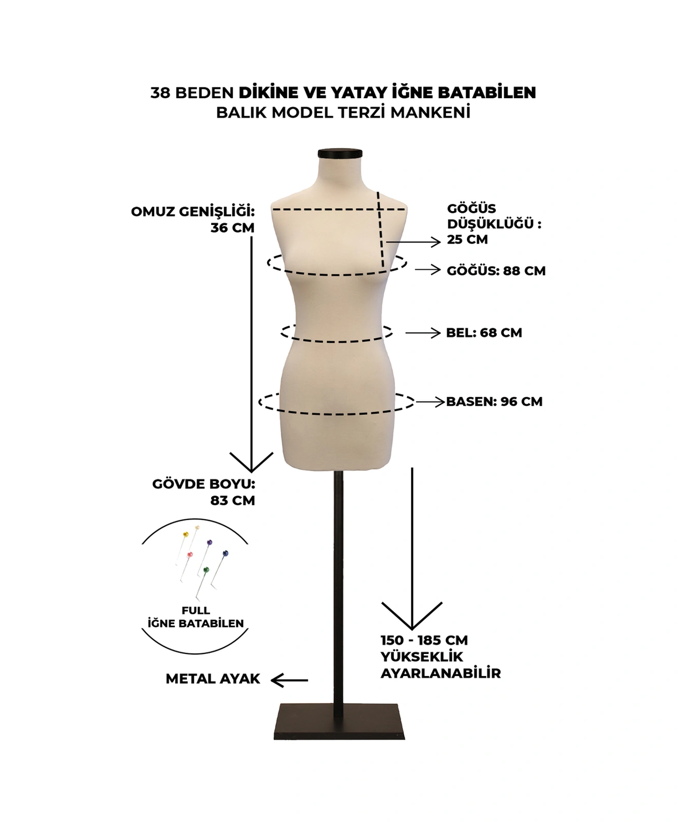 Balık Model Süngerli 38 Beden Dik Ve Yatay İğne Batabilen Terzi Mankeni Prova Mankeni Siyah Metal