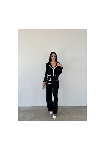 İkrafashion Çoban Dikişli Cepli Premium Triko Takım Siyah Siyah