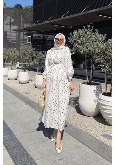 Riella Butik Sevoli Puantiyeli Tesettür Elbise Beyaz