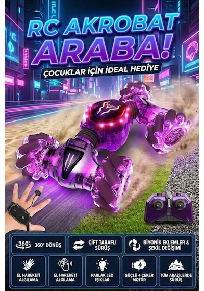 Craftivio Uzaktan Kumandalı El Hareket Sensörlü Akrobat Araba 360 Derece Dönen Şarjlı Işıklı 4wd Drift Arabası