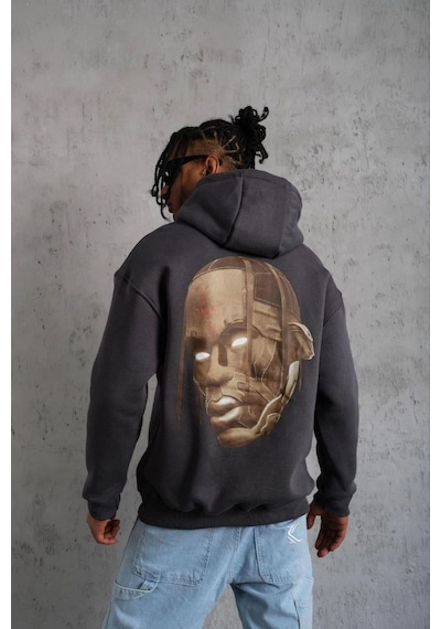 Erkek Kordonlu Arka Maske Kordon Saçlı 3 İplik Pamuklu Kapüşonlu Sweatshirt - Füme