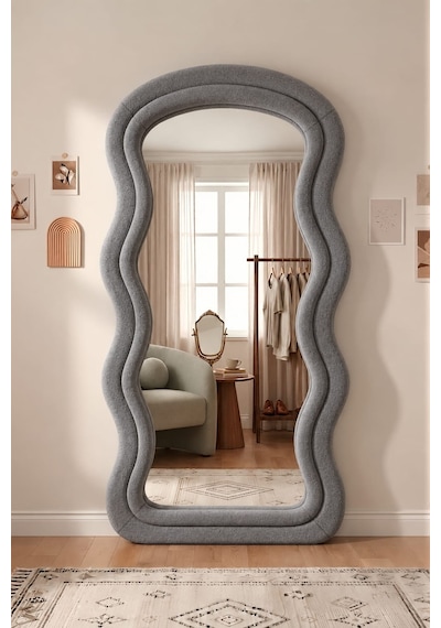 Olivia Gri Renk Kumaş Kaplamalı Dalgalı Kavisli Ayaklı Boy Aynası 182x87 Cm
