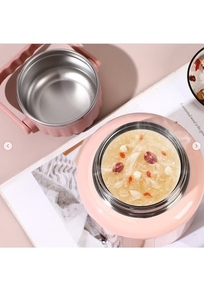Çelik Mama Termosu Sıcak Veya Soğuk Yiyecekler İçin Öğle Yemeği Termosu 900 Ml - Pembe Pembe