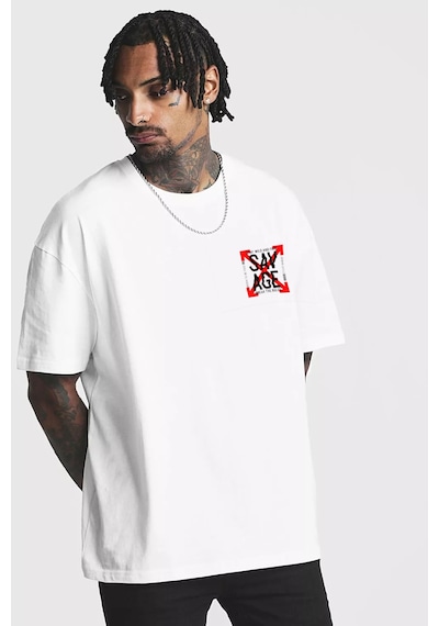 Flood Of Style Erkek Beyaz Oversize Savage Baskılı T-shirt