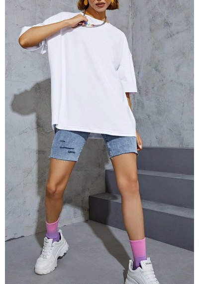 Oversize Unisex Baskısız T-shirt Beyaz