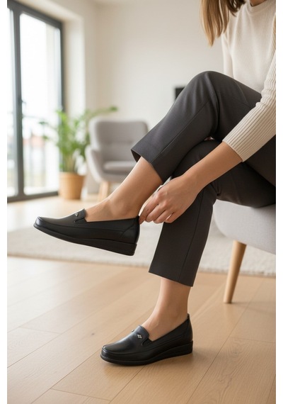 Enoch Minimalist Metal Amblem Detaylı Ortopedik Dolgu Taban Comfort Babet Sıyah