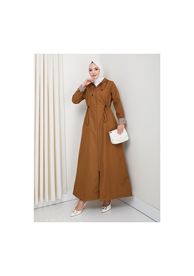 Hb Harma Time Butik Kadın Kapüşonlu Çizgi Detaylı Taba Bondit Kap Taba Taba