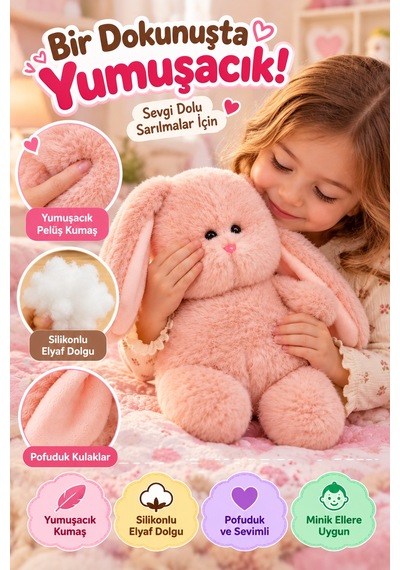Pembe Obur Tavşan Peluş Oyuncak 26 Cm Yumuşak Welsoft Kumaşlı Sevimli Tombul Tavşan Uyku Arkadaşı