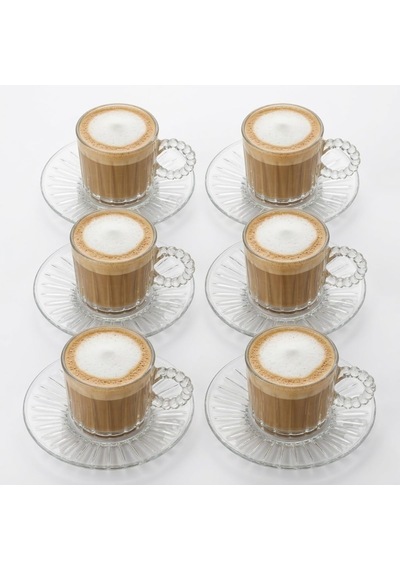 6'li Cam Kahve Fincanı Seti Boncuk Kulplu Şeffaf Espresso & Türk Kahvesi Fincan Takımı Tabaklı Diğer