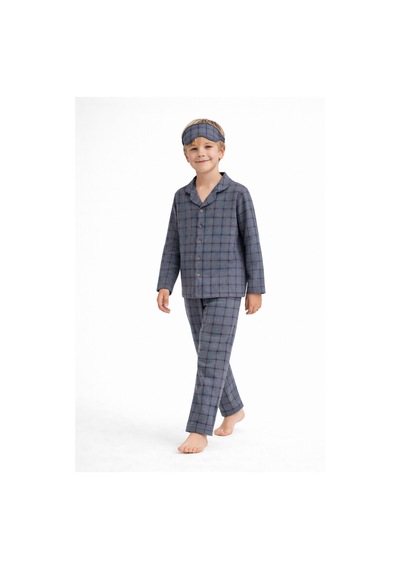 Beka Kids Erkek Çocuk Önden Düğmeli Kareli Pijama Takımı - Göz Bantlı Gri