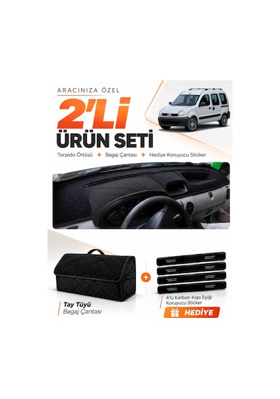 E-biz Renault Kangoo 2 Airbagsiz 2004-2008 Uyumlu Torpido Örtüsü + Tay Tüyü Çanta - Siyah - Re026