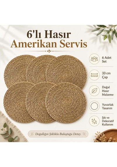 6'lı Hasır Amerikan Servis Seti - 33 Cm Çok Renkli