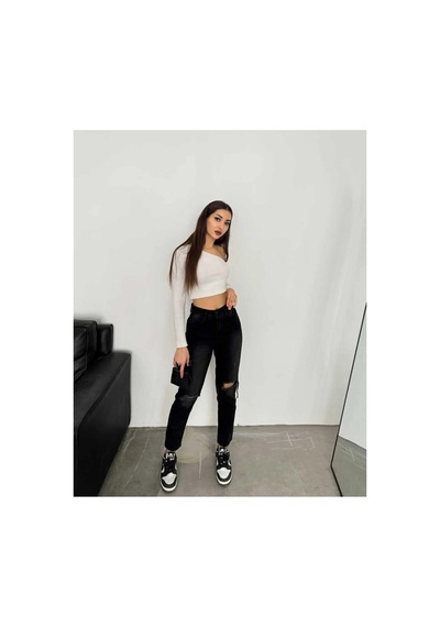 Kene Jeans Yüksek Bel Siyah Çift Diz Lazer Yırtık Mom Jeans Siyah