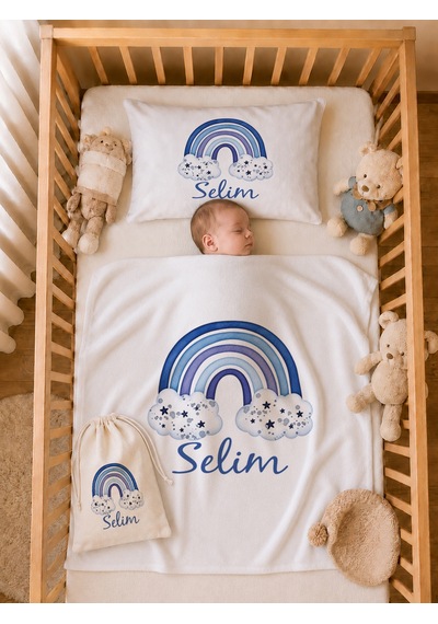Pia Baby İsme Özel %100 Pamuk Erkek Bebek Yastık Battaniyeli Tulum Set Kese Hediyeli 1101tybkyx Krem