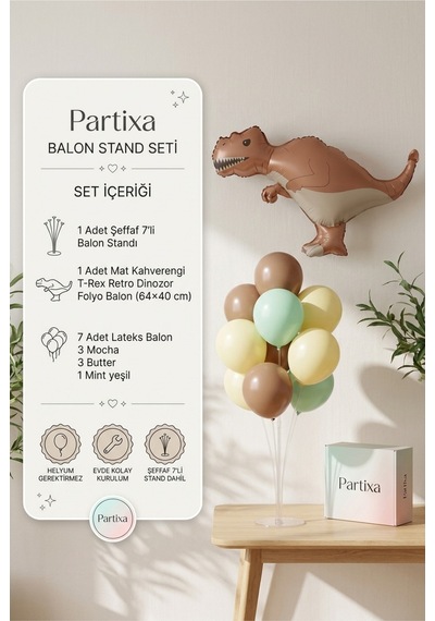 Mat Kahverengi T-rex Retro Dinozor Balon Stand Seti Şeffaf 7 Li Stand + Dinozor Folyo Balon 64 40 Cm + 7 Lateks Balon
