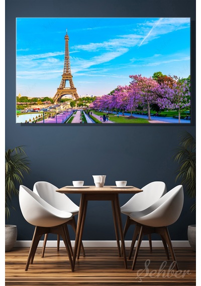 Yatay Kanvas Tablo Tekli Ev Kafe Ofis Paris Eyfel Kulesi Bahar Çiçek Açmış Ağaçlar 2346