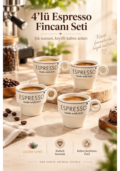 4 Lü Espresso Fincanı Seti Beyaz Seramik Made With Love Tasarımlı Kahve Fincanı