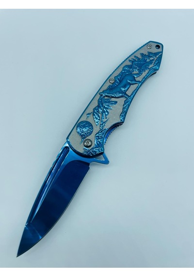 Tobaccotürk724 Kurt Kabartmalı Kamp Bıçak Yarıoto Mavi Metal 20cm Kamp Çakı//ystl2916bl Mavi