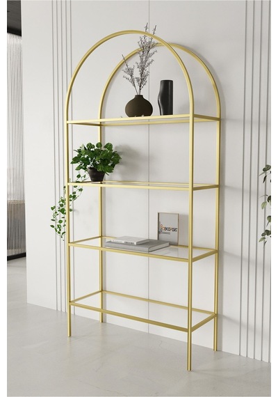 4 Raflı Camlı Kitaplık Gold Eskitme Ayak Temperli Şeffaf Cam