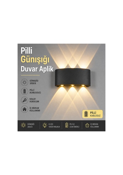 Pilli Yapışkanlı Günışığı Led Duvar Aplik Kablosuz Modern Aydınlatma 3000k Siyah Siyah