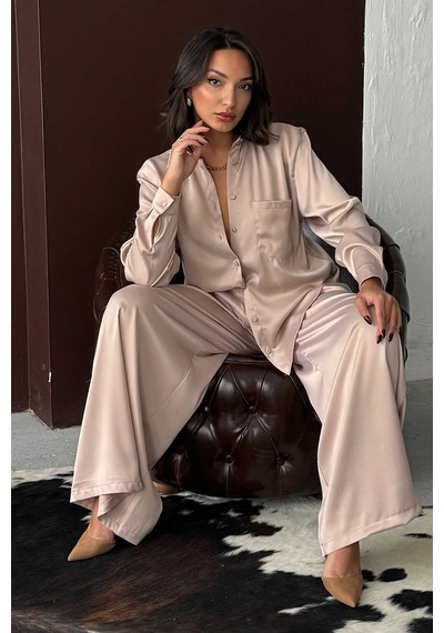 Verymoda Yüksek Bel Bol Paça Saten Pantolon Şık Ve Rahat Tasarım F2052 Taş