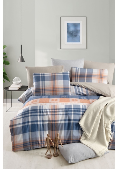 Lastikli Çarşaflı Çift Kişilik Nevresim Takımı Plaid Lacivert