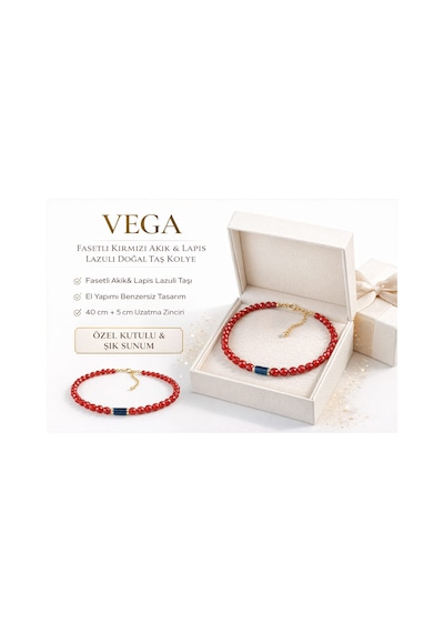 Vega Fasetli Kırmızı Akik & Lapis Lazuli Doğal Taş Kolye Renkli