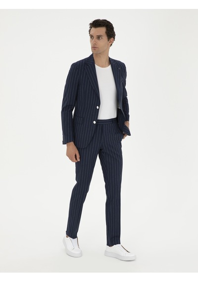 Cacharel Koyu Lacivert Slim Fit Yün Keten Karışımlı Takım Elbise