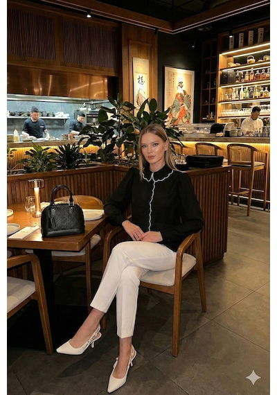 Lela Yaka Detaylı Regular Fit Şifon Bayan Gömlek 61114410 Siyah-Ekru