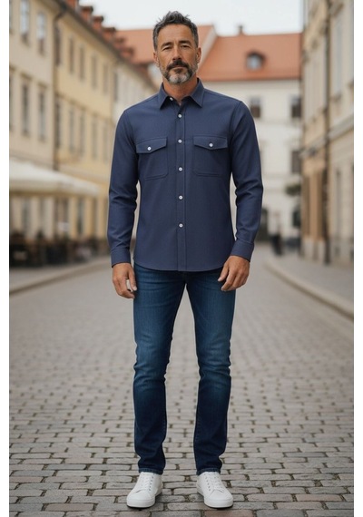 Linen Keten Klasik %100 Cotton Uzun Kollu Terletmeyen Gömlek Lacivert