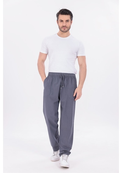Blayn Jeans Erkek Haki Jogger Pantolon Beli Lastikli Bağcıklı %100 Pamuk Keten Baggy Rahat Günlük Pantolon Antrasit