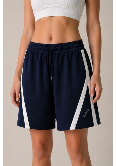 Soft&Basic Lacivert-beyaz Pamuklu Yumuşak Dokulu Şeritli Standart Fit Beli Lastikli Kadın Şort