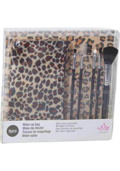 Touch Of Beauty Makyaj Fırça Seti 5li Make-up Brush Seti Çanta Boy & Leopar Desenli Çanta