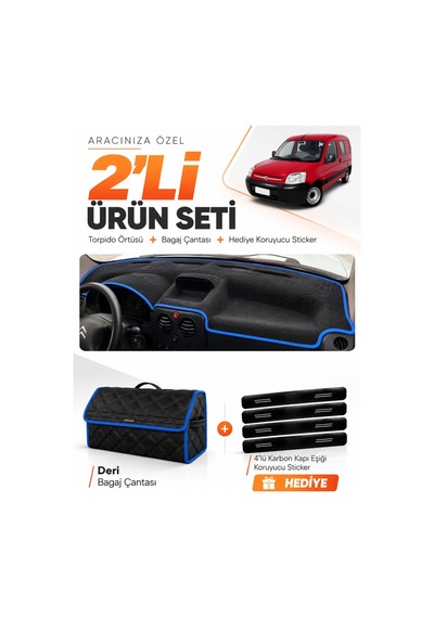 Cıtroen Berlıngo M59 2002-2008 Uyumlu Torpido Örtüsü + Deri Bagaj Çantası + Sticker - Siyah Mavi